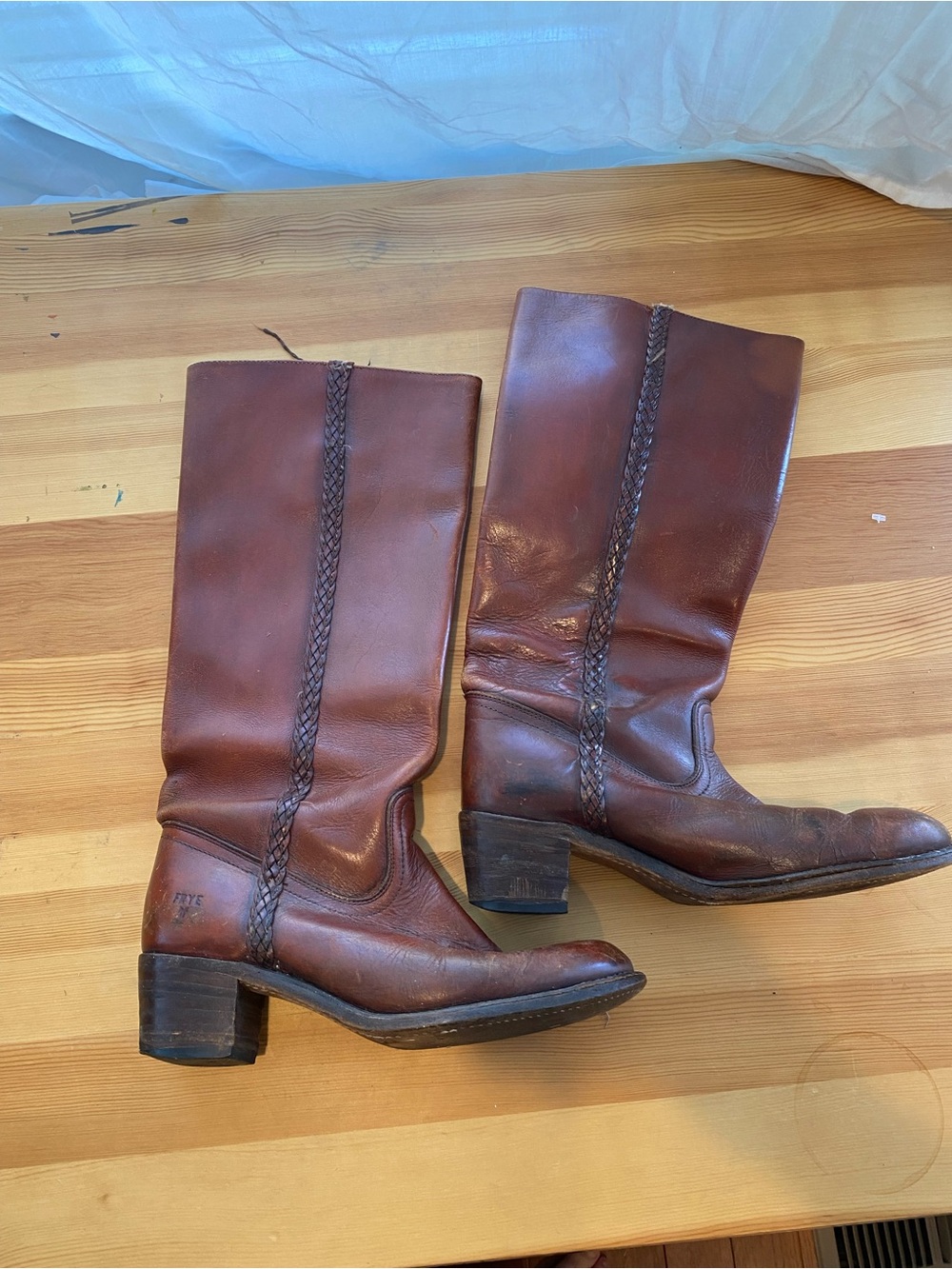 Vintage Frye Brown Leather Knee High Campus Boots with Braided Shaft Sz 10